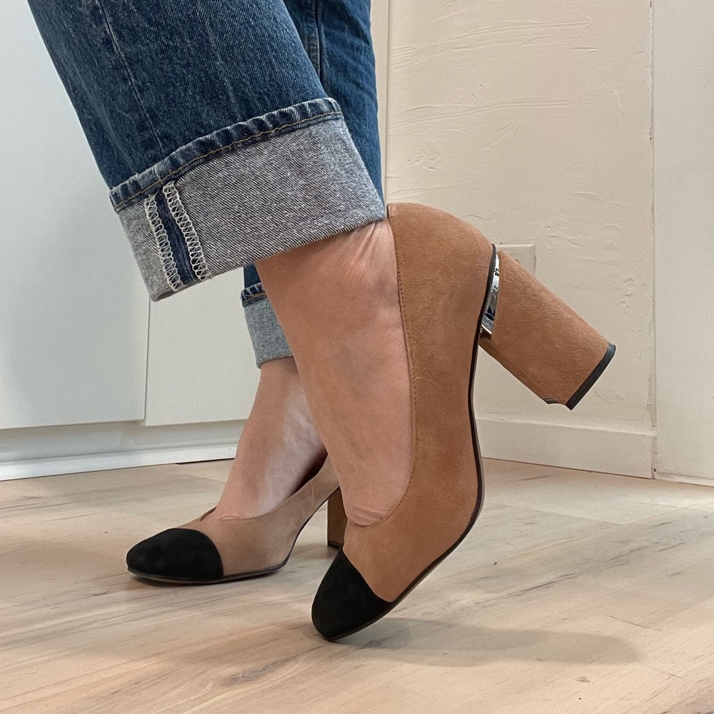 Franco Sarto Suede Heel, Cap Toe Block Heel, 9.5 Tan and Black, heel 3.75”.